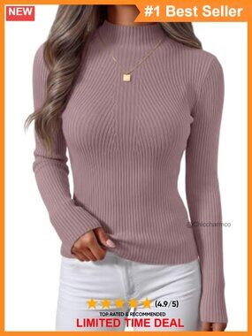 Women's Long Sleeve Turtleneck Ribbed Knit Sweater Slim Fit Pullover